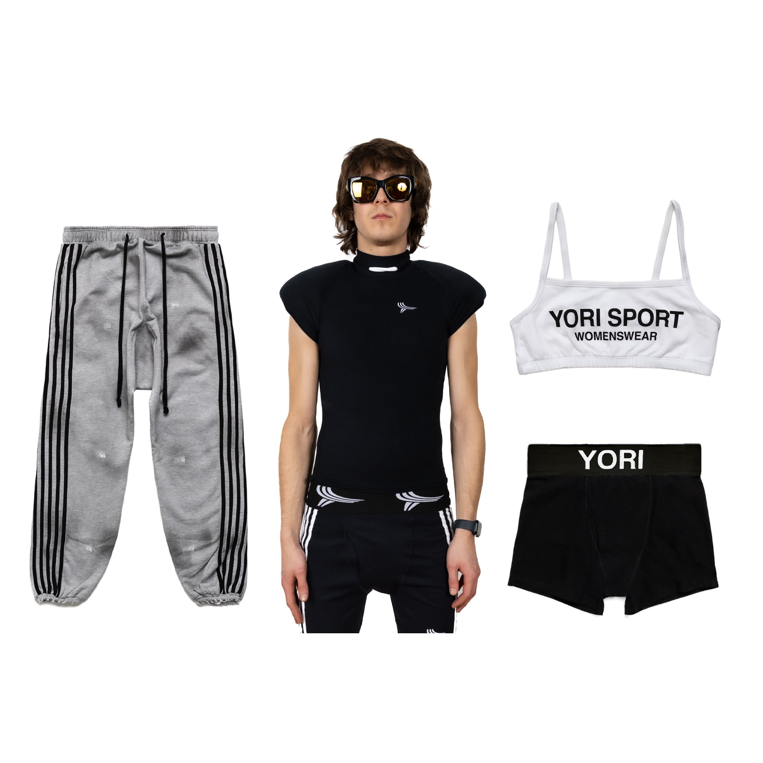 BUNDLE: XS YSWW text sports bra, XS logo pad top, small v2 Yori Sport brief, m drop crotch ysww sweats